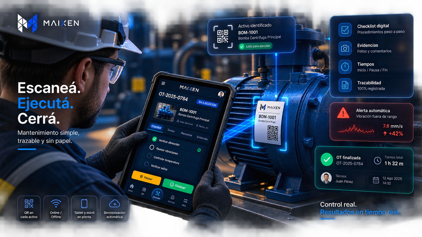 Flujo de trabajo en planta: escaneo QR, checklist digital y cierre de orden